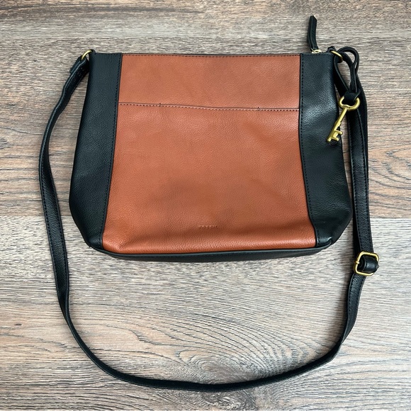 Fossil Tara Leather Crossbody Bag Black Brown Colorblock Gold Hardware - Picture 14 of 16